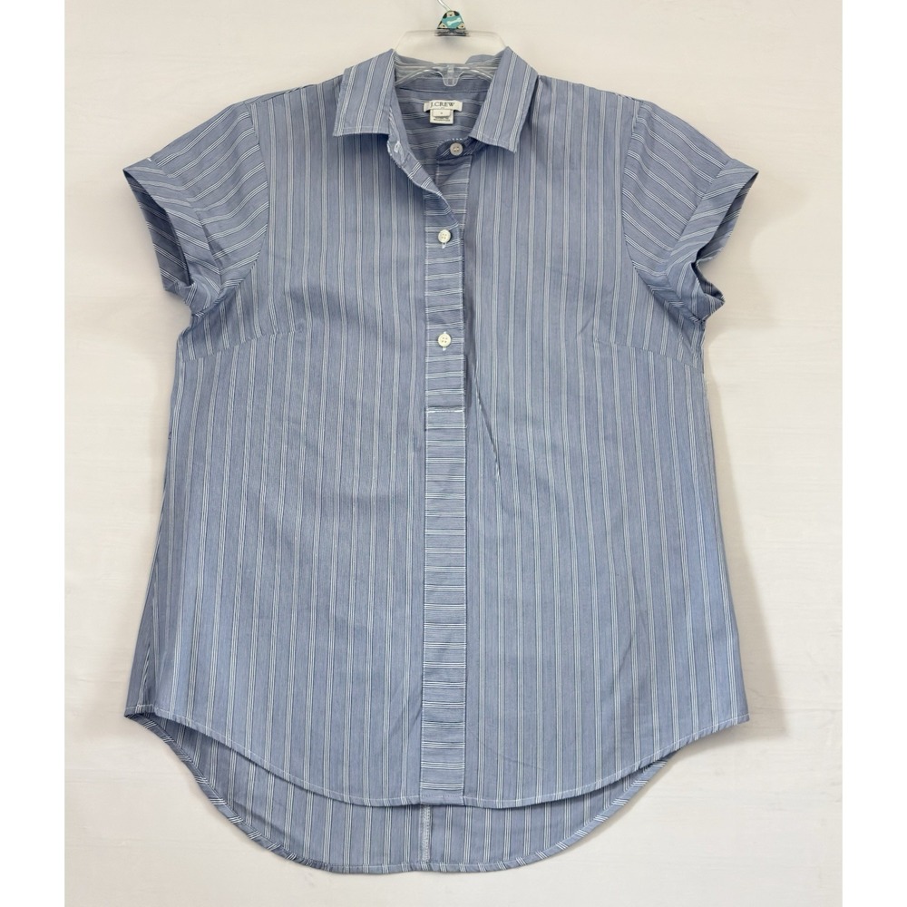 J Crew Womens‎ Blue Popover Top Striped Short Sleeve Collared Button Shirt Small